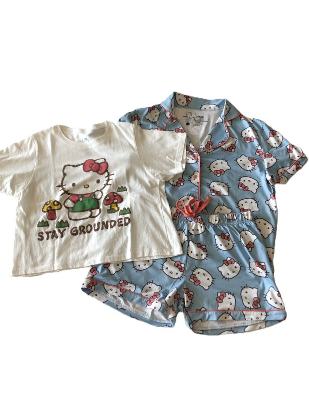 Hello Kitty Sanrio Pajama Set Crew Neck Cropped T-Shirt Lot Size L Short Sleeve